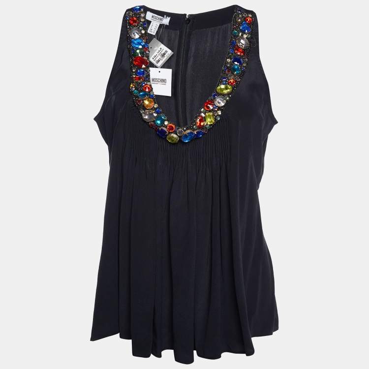 Pre Owned Moschino Cheap and Chic Black Silk Embellished Neck Sleeveless Top M