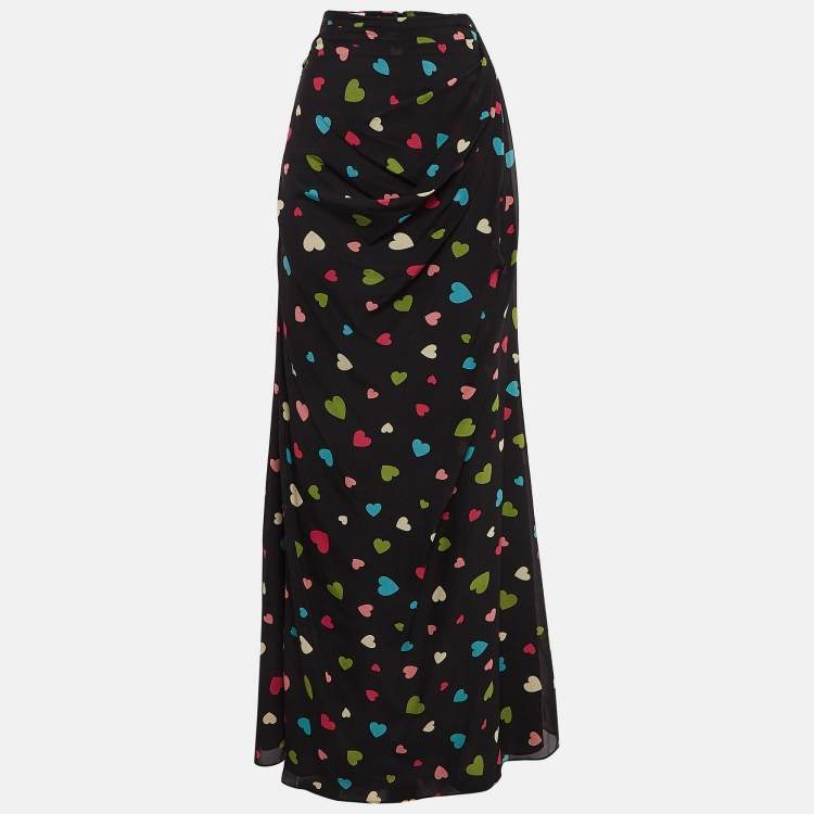 Pre Owned Moschino Cheap and Chic Black Heart Print Silk Maxi Skirt S
