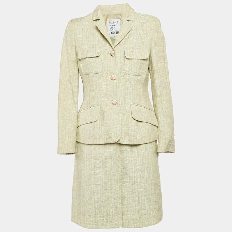 Pre Owned Moschino Cheap and Chic Green Tweed Shell Closure Skirt Suit M