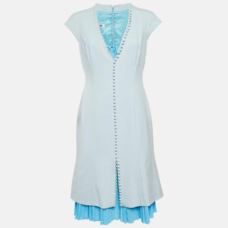 Pre Owned Moschino Cheap and Chic Blue Houndstooth Wool Blend Buttoned Short Dress M