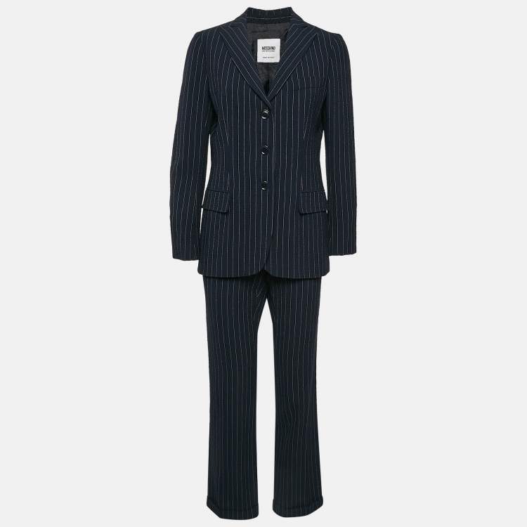 Pre Owned Moschino Cheap & Chic Navy Blue Textured Stripe Print and Wool Pants Suit M