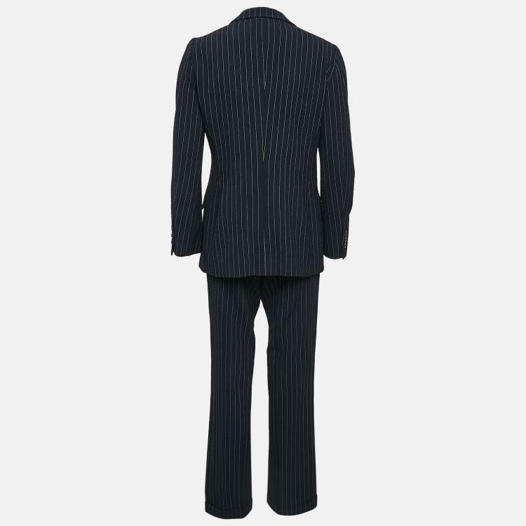 Pre Owned Moschino Cheap & Chic Navy Blue Textured Stripe Print and Wool Pants Suit M