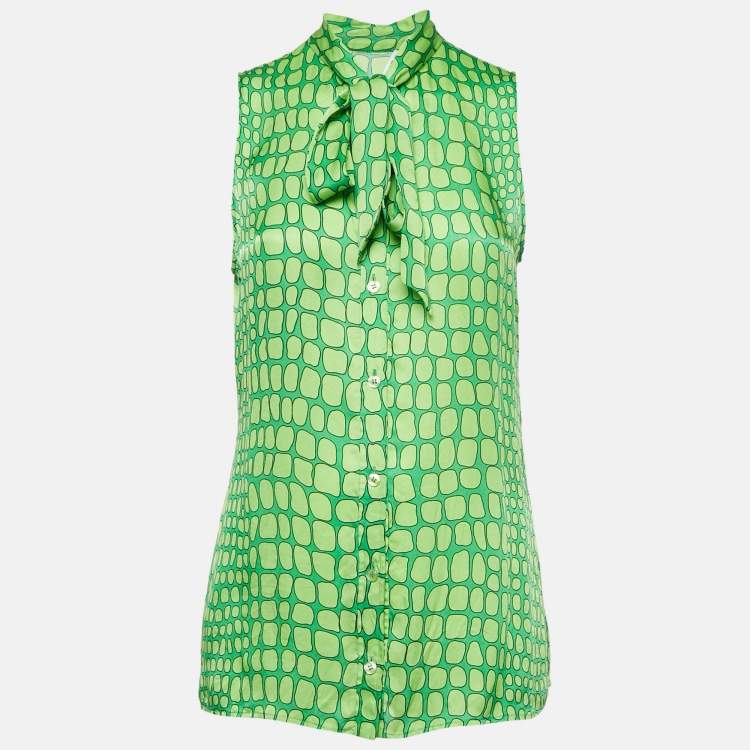 Pre Owned Moschino Cheap and Chic Green Printed Silk Sleeveless Blouse M