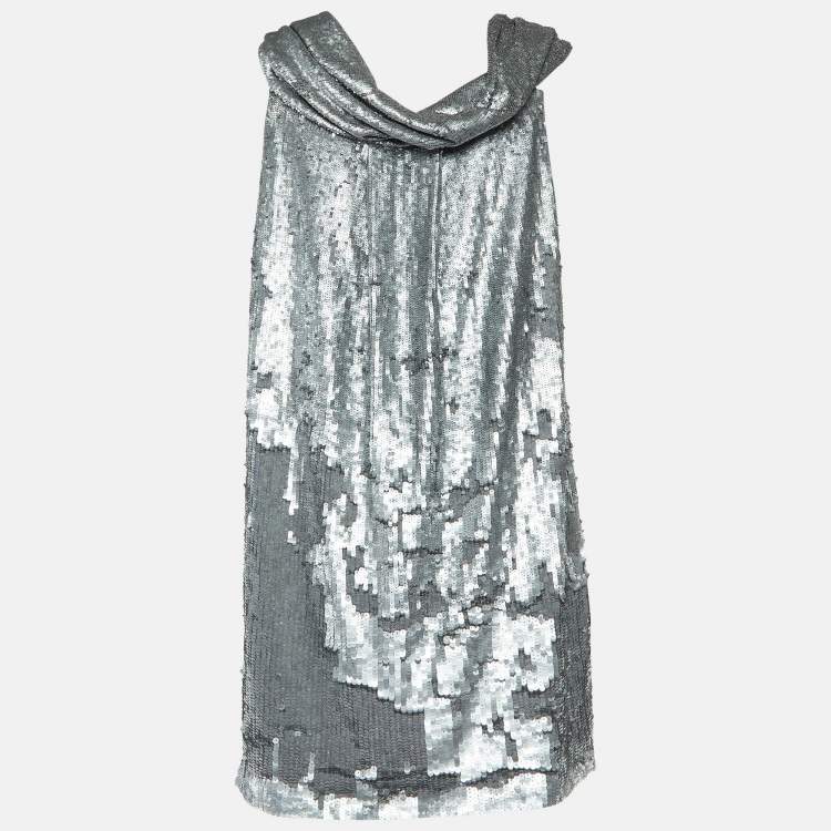 Pre Owned Moschino Cheap and Chic Silver Sequined Bow Detail Mini Dress S 