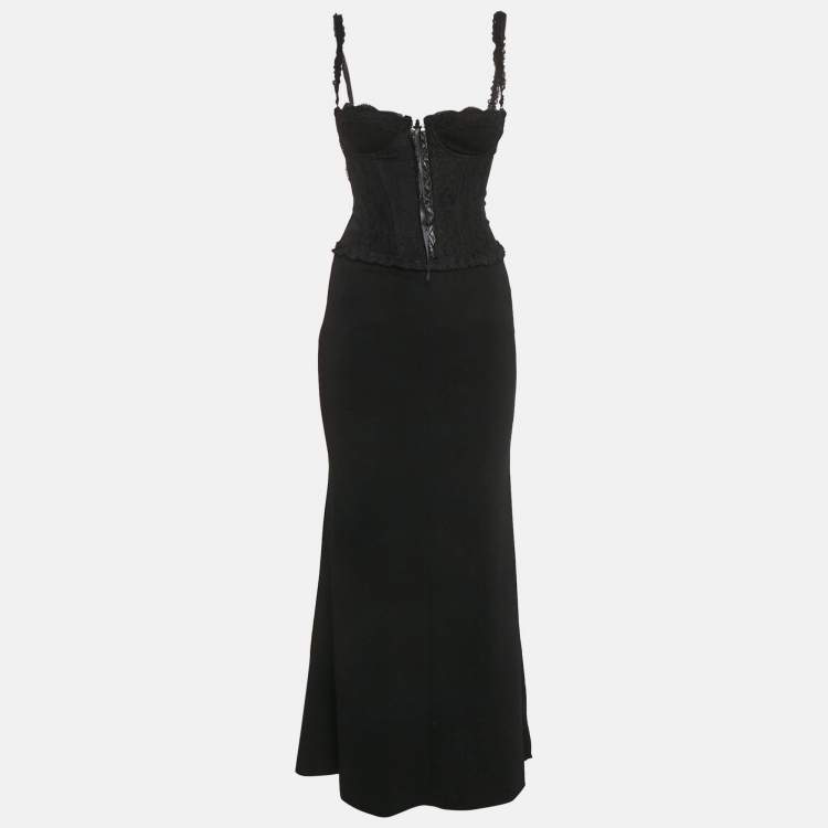 Pre Owned Moschino Cheap and Chic Black Lace Trim Stretch Crepe Lace-Up Corset Maxi Dress S