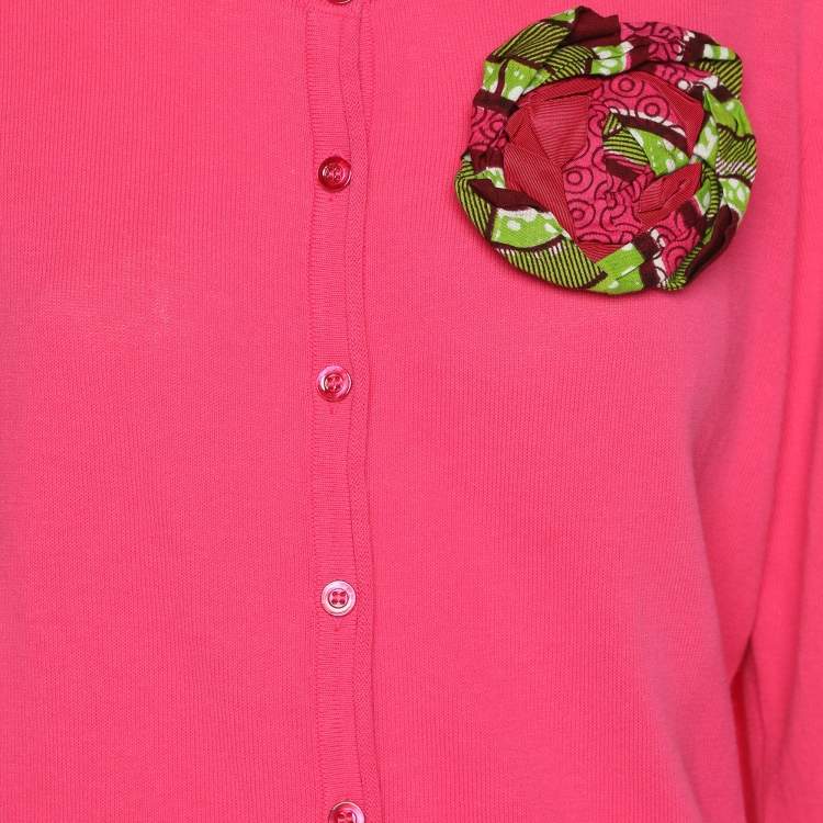Pre Owned Moschino Cheap and Chic Pink Cotton Knit Floral Applique Front Button Sweater M