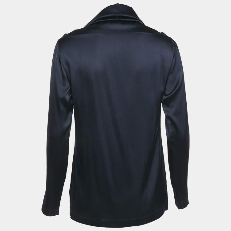 Pre Owned Moschino Cheap and Chic Navy Blue Satin Jersey Cowl Neck Top S