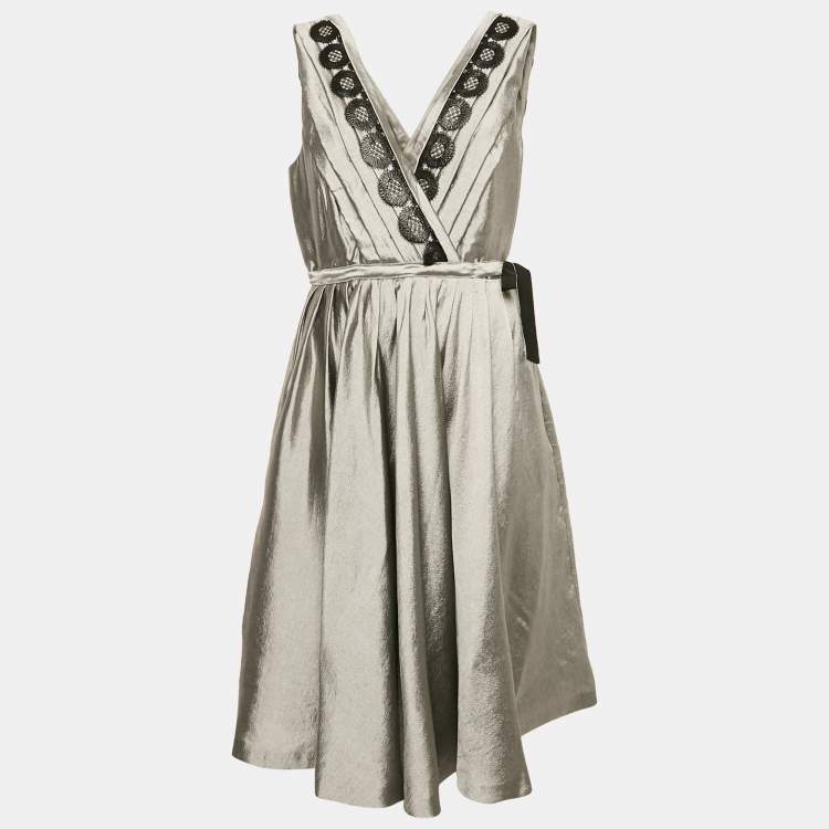 Pre Owned Moschino Cheap and Chic Grey Lace Trim Lurex Pleated Short Dress L
