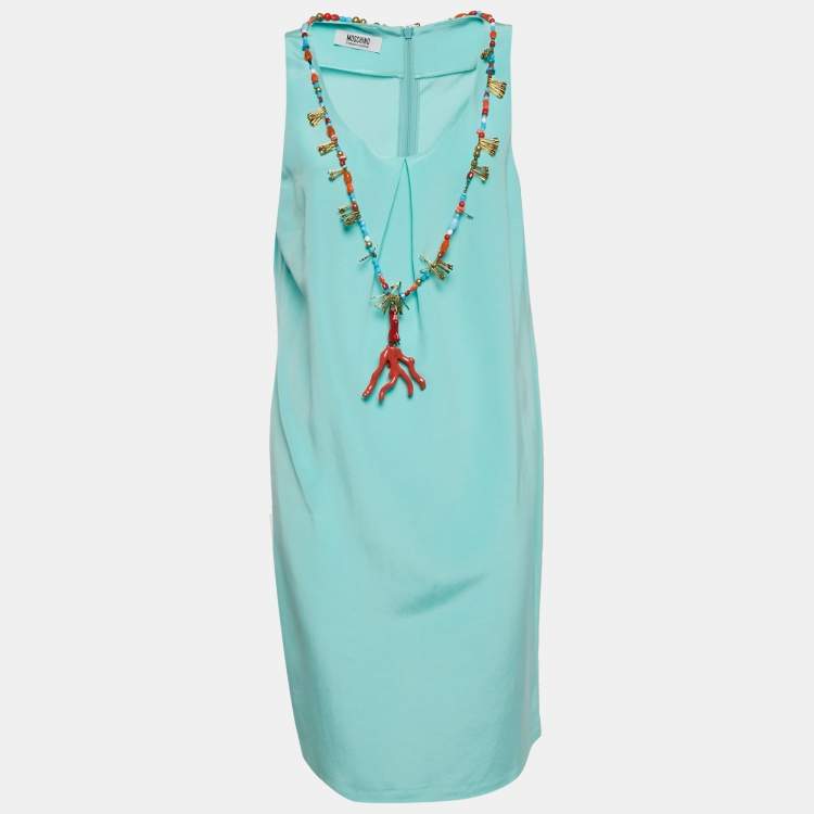 Pre Owned Moschino Cheap and Chic Blue Cotton Blend Embellished Neck Shift Dress L