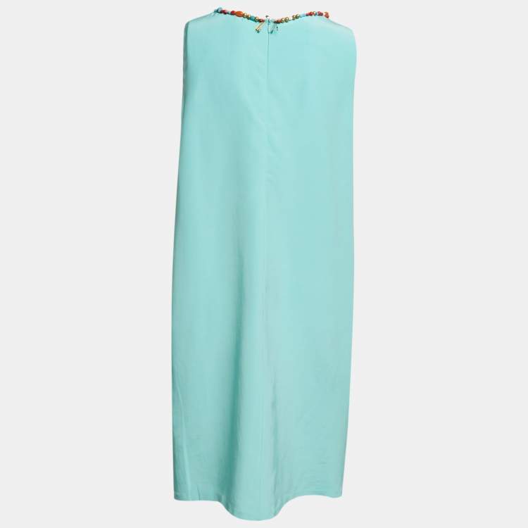 Pre Owned Moschino Cheap and Chic Blue Cotton Blend Embellished Neck Shift Dress L