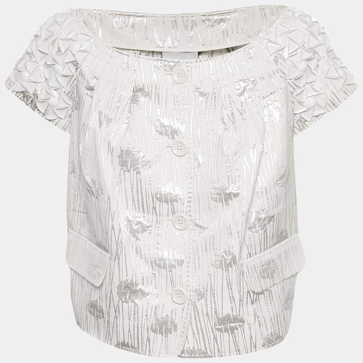 Pre Owned Moschino Cheap and Chic White/Silver Cotton Lurex Button Front Blouse L