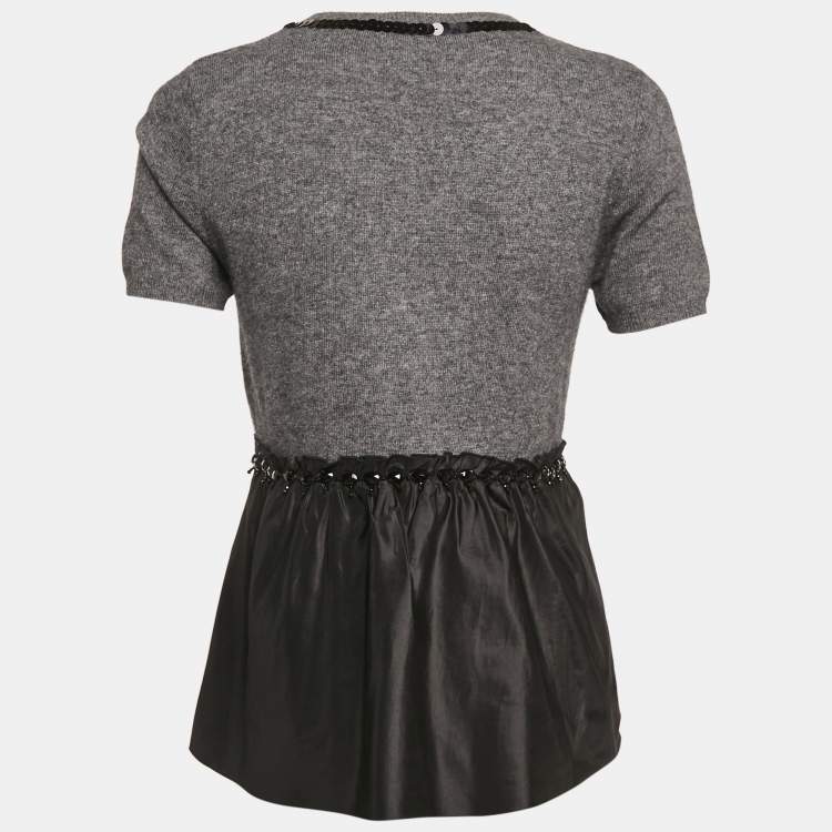Pre Owned Moschino Cheap and Chic Grey Embellished Wool and Crepe Flared Top M