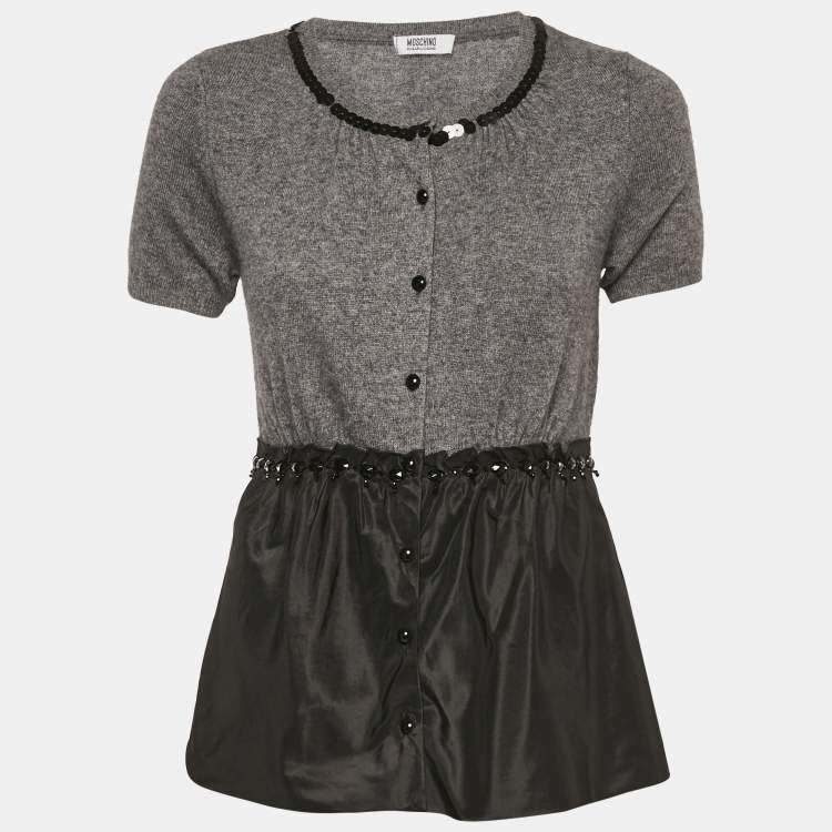 Pre Owned Moschino Cheap and Chic Grey Embellished Wool and Crepe Flared Top M