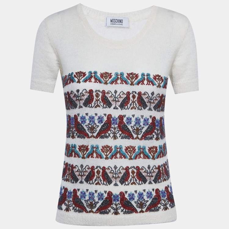 Pre Owned Moschino Cheap and Chic White Beaded Mohair Shirt Sleeve Sweater M