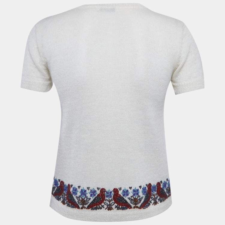 Pre Owned Moschino Cheap and Chic White Beaded Mohair Shirt Sleeve Sweater M