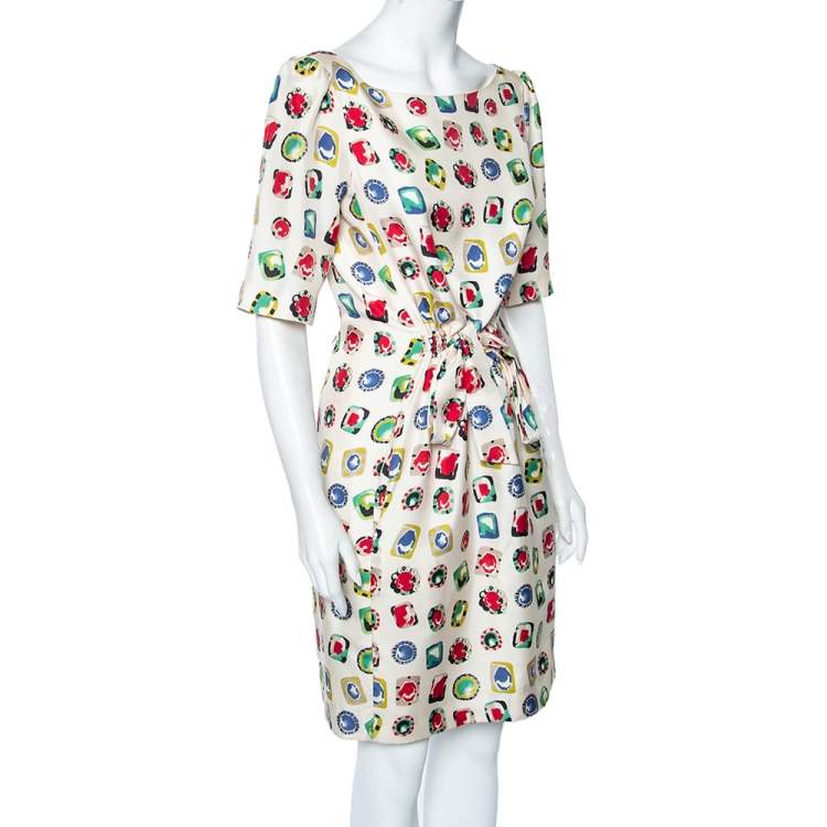 Pre Owned Moschino Cheap And Chic Cream Jewel Print Silk Dress M