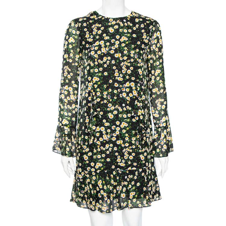Pre Owned Moschino Cheap and Chic Black Floral Printed Silk Ruffle Detail Shift Dress S