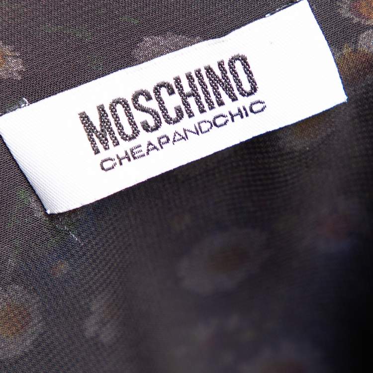 Pre Owned Moschino Cheap and Chic Black Floral Printed Silk Ruffle Detail Shift Dress S