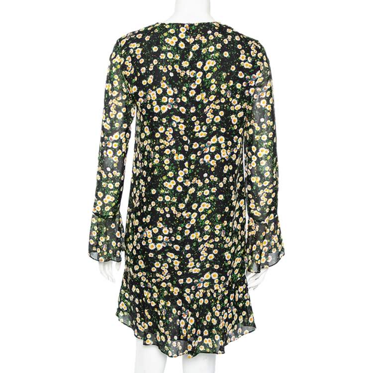 Pre Owned Moschino Cheap and Chic Black Floral Printed Silk Ruffle Detail Shift Dress S