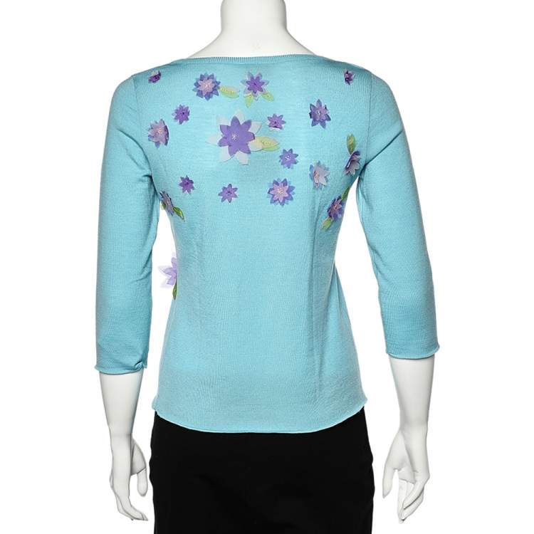Pre Owned Moschino Cheap and Chic Blue Wool Floral Applique V-Neck Sweater M