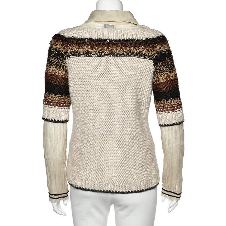 Pre Owned Moschino Cheap and Chic Cream Embellished Cable Knit Contrast Detail Sweater M