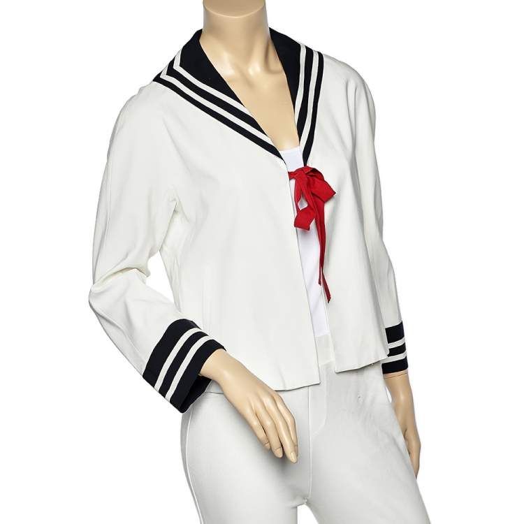 Pre Owned Moschino Cheap and Chic White Cotton Contrast Trim Tie Detail Blazer M