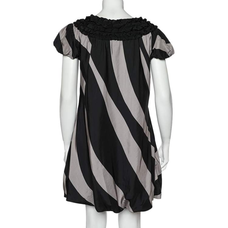 Pre Owned Moschino Cheap and Chic Monochrome Striped Silk Ruffled Neck Detail Mini Dress M