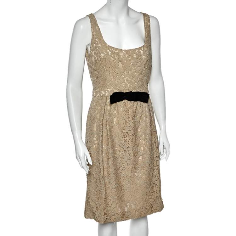 Pre Owned Moschino Cheap and Chic Cream Lace Bow Trim Sleeveless Midi Dress M