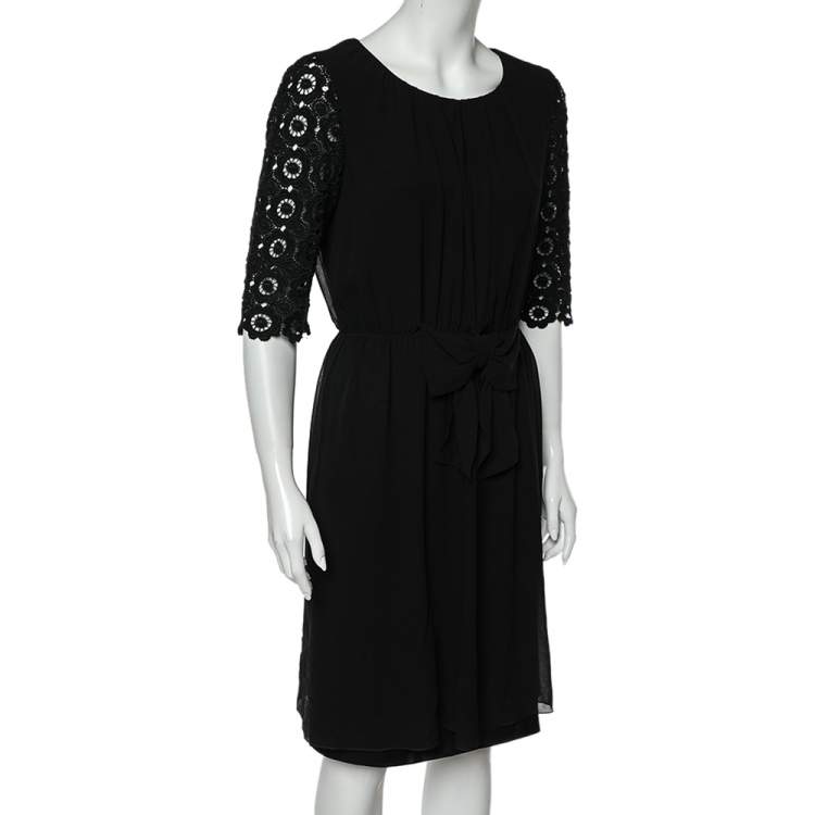 Pre Owned Moschino Cheap and Chic Black Silk & Lace Sleeve Midi Dress M
