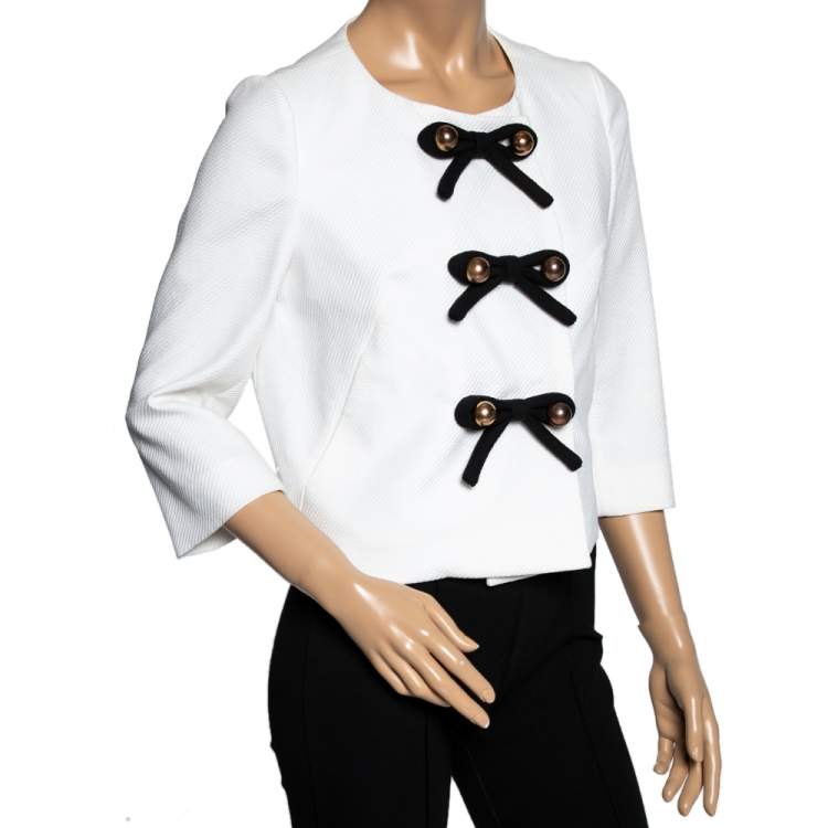 Pre Owned Moschino Cheap and Chic White Textured Cotton Bow Detailed Jacket M
