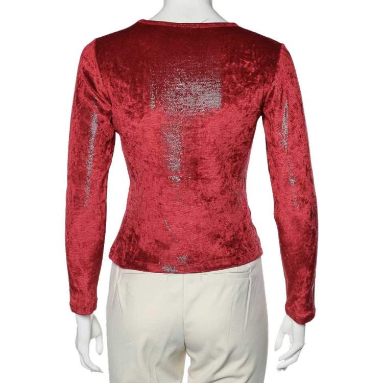 Pre Owned Moschino Cheap and Chic Red Stretch Velvet Glitter Detail T-Shirt M