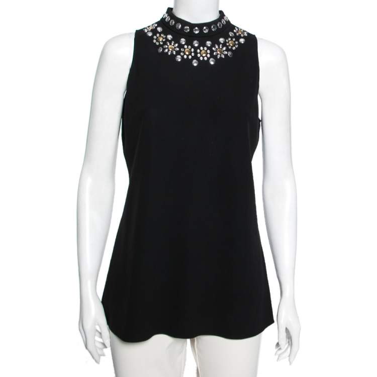Pre Owned Moschino Cheap and Chic Black Crepe Studded Detail Sleeveless Top L