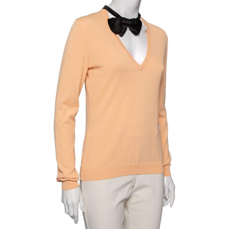 Pre Owned Moschino Cheap and Chic Orange Knit V Neck Long Sleeve Sweater M