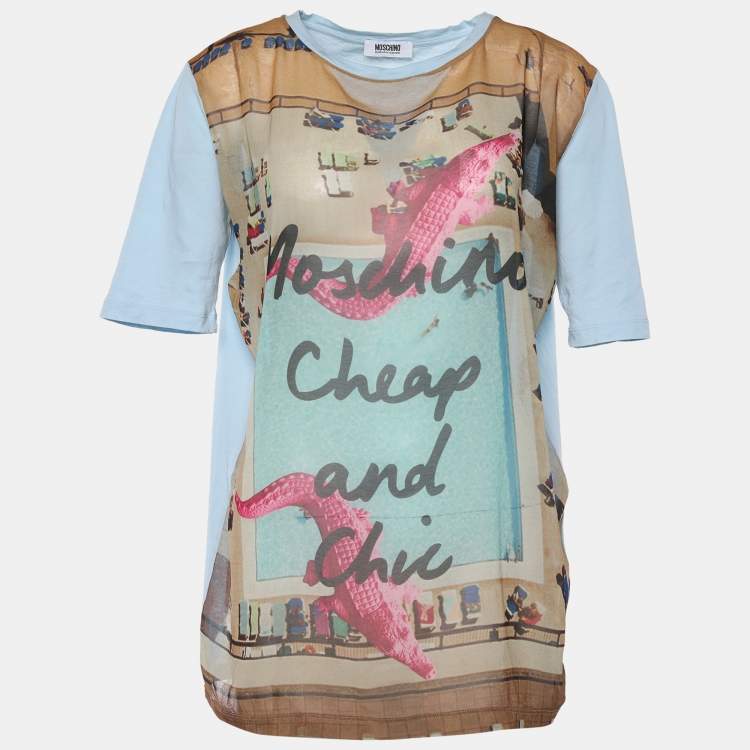 Pre Owned Moschino Cheap & Chic Blue Cotton & Printed Chiffon Paneled T-Shirt M