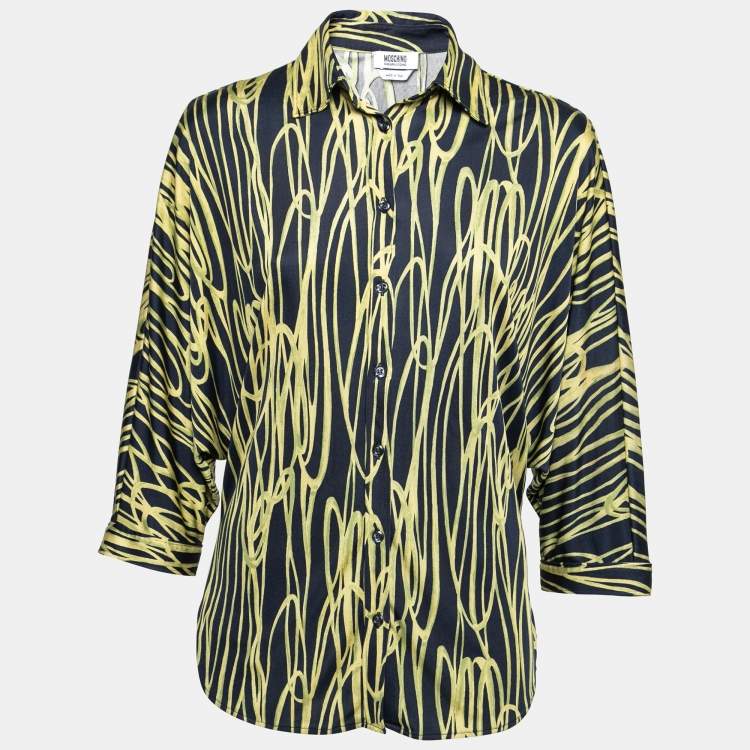 Pre Owned Moschino Cheap and Chic Navy Blue and Yellow Printed Jersey Dolman Sleeve Shirt S