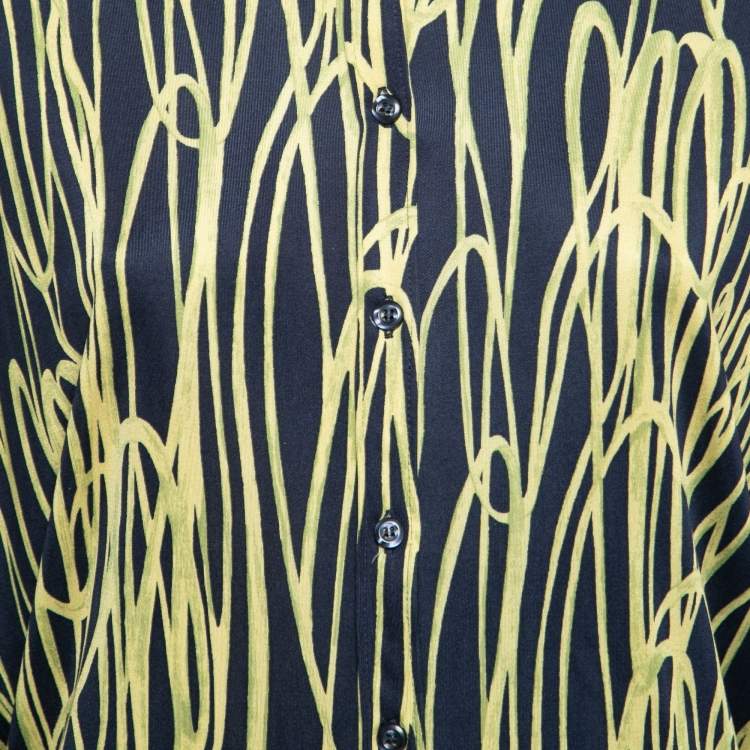 Pre Owned Moschino Cheap and Chic Navy Blue and Yellow Printed Jersey Dolman Sleeve Shirt S