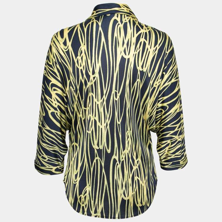 Pre Owned Moschino Cheap and Chic Navy Blue and Yellow Printed Jersey Dolman Sleeve Shirt S