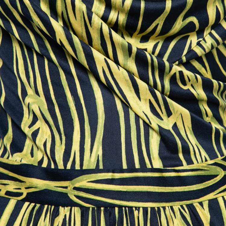Pre Owned Moschino Cheap and Chic Navy Blue & Yellow Printed Silk Jersey Dress S