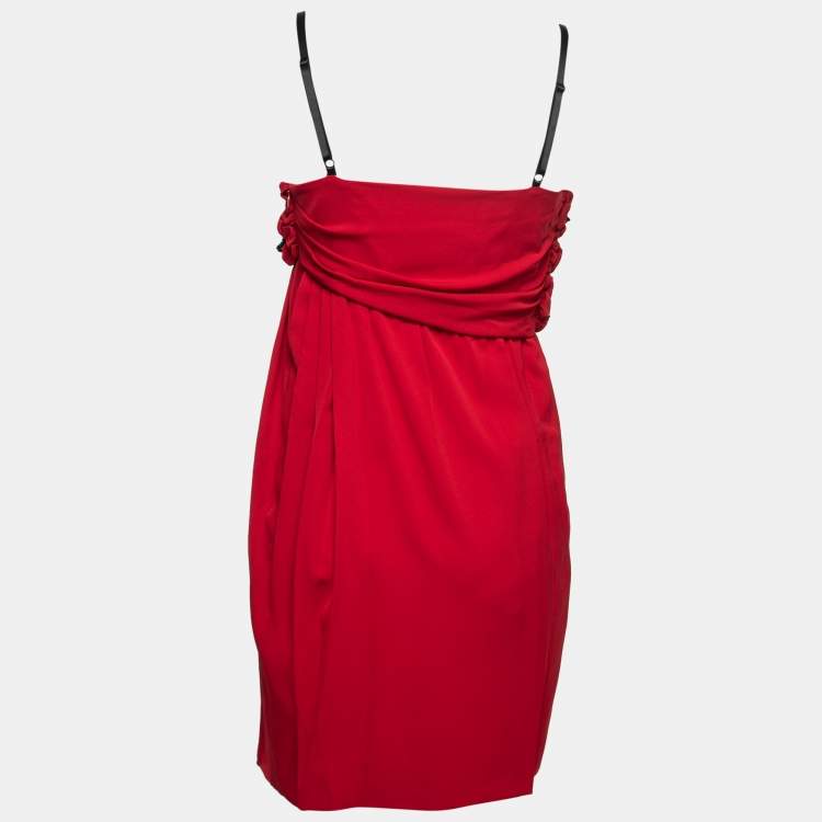 Pre Owned Moschino Cheap And Chic Red Silk Floral Embellished Pleated Short Dress M