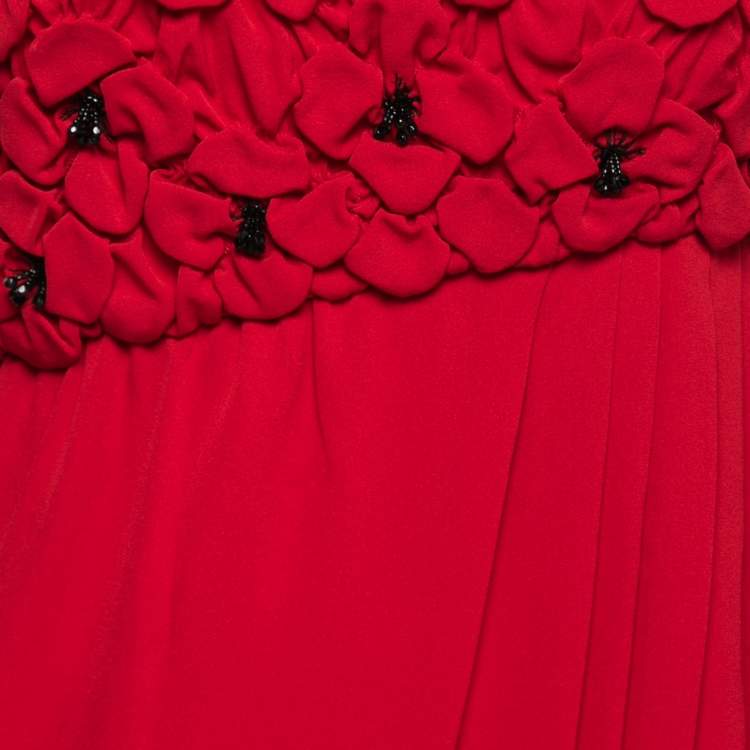 Pre Owned Moschino Cheap And Chic Red Silk Floral Embellished Pleated Short Dress M