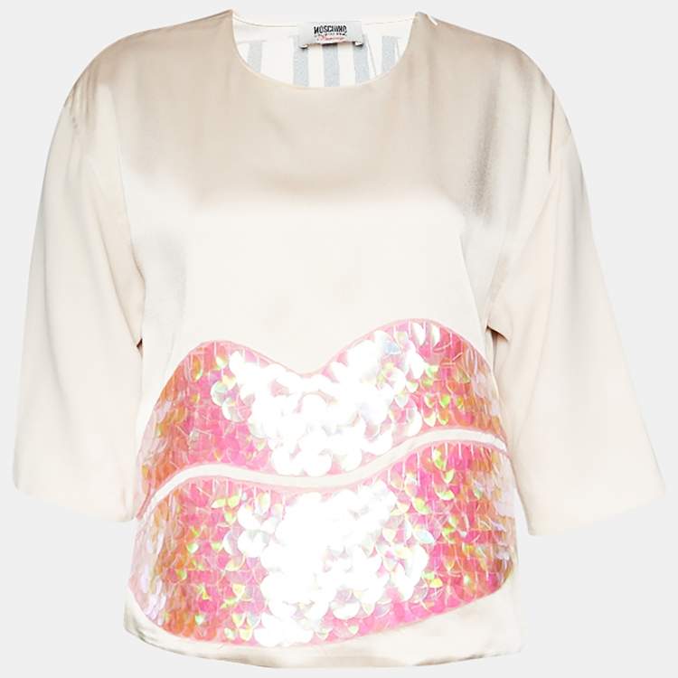 Pre Owned Moschino Cheap and Chic Light Pink Satin Lip Sequin Embellished Top M
