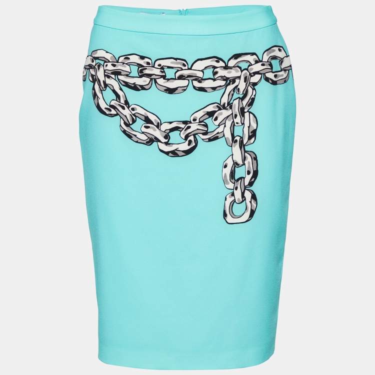 Pre Owned Moschino Cheap & Chic Turquoise Blue Crepe Chain printed Blazer & Mini Skirt Set S