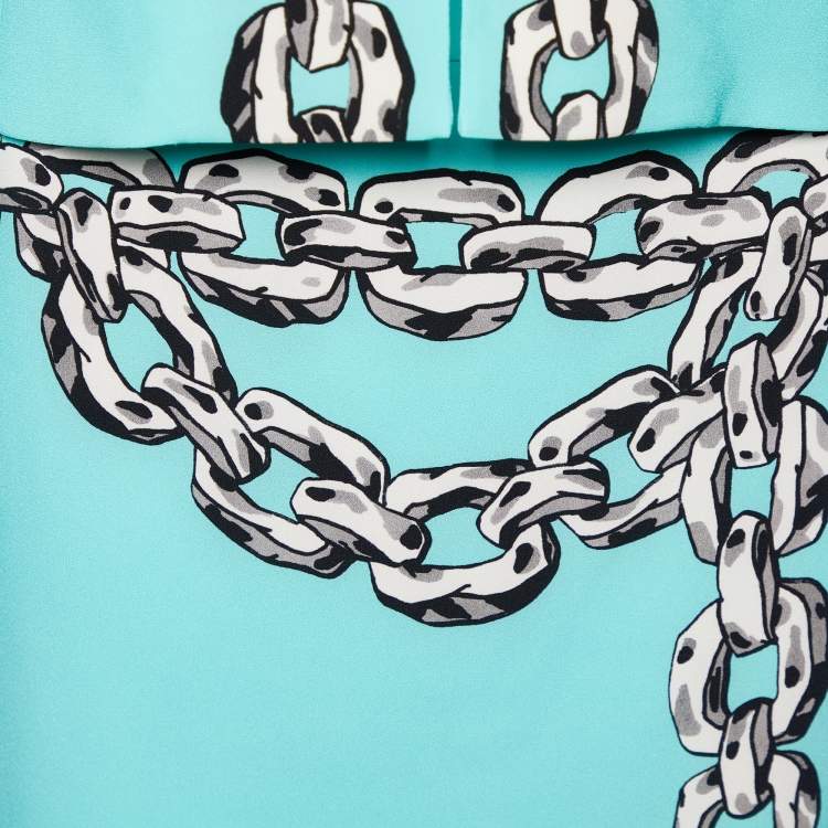 Pre Owned Moschino Cheap & Chic Turquoise Blue Crepe Chain printed Blazer & Mini Skirt Set S