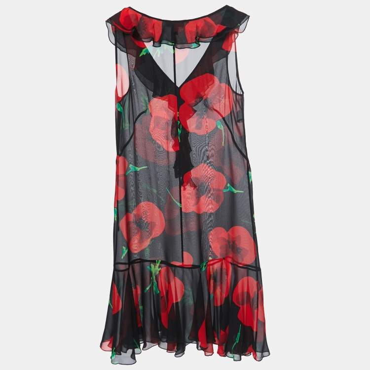 Pre Owned Moschino Cheap and Chic Black Floral Print Silk Chiffon Ruffled Neck Sleeveless Midi Dress L
