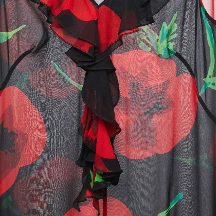 Pre Owned Moschino Cheap and Chic Black Floral Print Silk Chiffon Ruffled Neck Sleeveless Midi Dress L