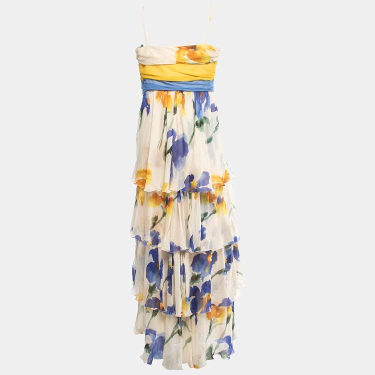 Pre Owned Moschino Cheap and Chic Multicolour Floral Print Silk Floral Print Strappy Tiered Maxi Dress L