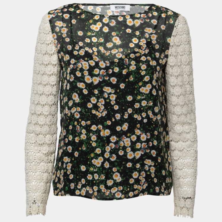 Pre Owned Moschino Cheap and Chic Black Floral Printed Crochet Sleeve Top S