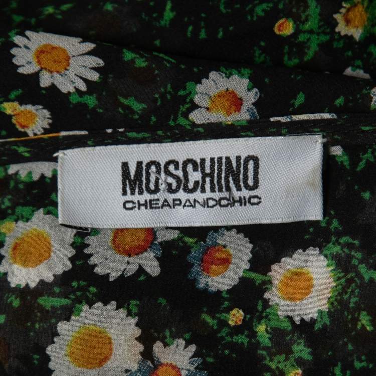 Pre Owned Moschino Cheap and Chic Black Floral Printed Crochet Sleeve Top S