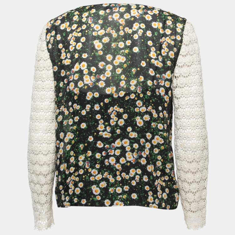Pre Owned Moschino Cheap and Chic Black Floral Printed Crochet Sleeve Top S