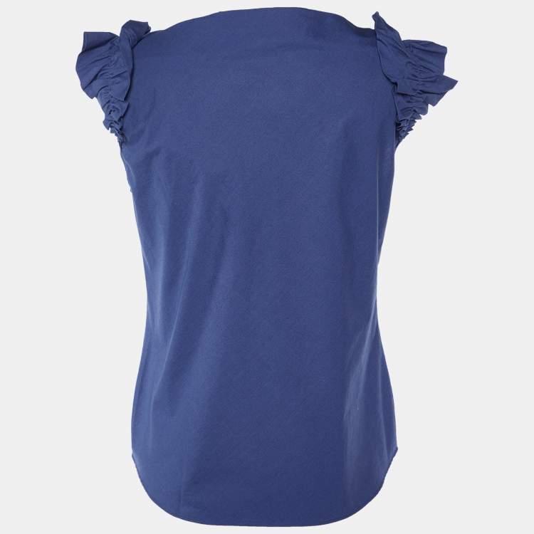 Pre Owned Moschino Cheap and Chic Navy Blue Cotton Ruffle Sleeve Detail Top S